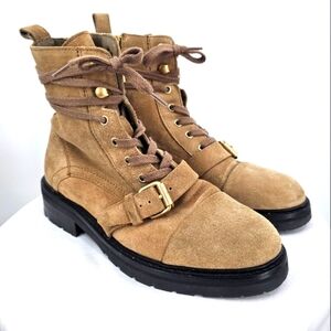 All Saints Donita Combat Boots Ankle Strap Lace Up Buckled Suede Leather Tan W 7
